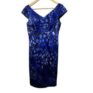 Kay Unger Blue Animal Print Cap Sleeve Cross Bodice Satin Dress Women's Size 2